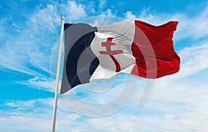 flag of Free France 1940 1944, France at cloudy sky background on sunset, panoramic view. French travel and patriot concept. copy