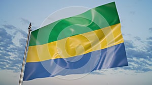 Flag of Gabon on a flagpole. 3D animation against the sky