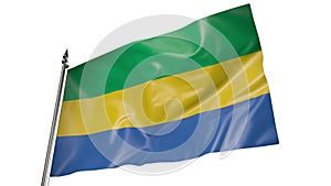 Flag of Gabon on a flagpole. Animation 3D on a white background