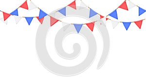 Flag garland. Repeating party bunting pattern. Triangle celebration flags chain. White, blue, red pennants decoration
