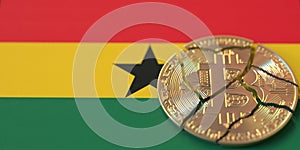 Flag of Ghana and broken bitcoin. Cryptocurrency ban or crypto legal issues concepts, 3d rendering