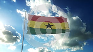Flag of Ghana waving at wind against beautiful blue sky
