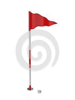 Flag on golf course with ball 3d rendering