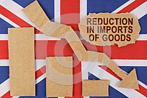 On the flag of Great Britain lie a chart, a down arrow and a sign that says - reduction in imports of goods