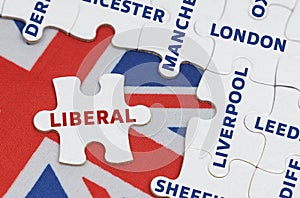 On the flag of Great Britain there are puzzles with the names of cities and a puzzle with the inscription - Liberal