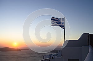 Flag of Greece, Sunset on Santorini island