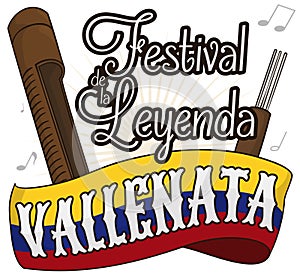 Flag with Guacharaca and Fork for Colombian Vallenato Legend Festival, Vector Illustration