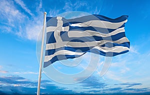 flag of Hellenic peoples Greeks at cloudy sky background, panoramic view. flag representing ethnic group or culture, regional