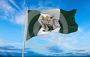 flag of Historic peoples Rhodesians Rhodesia at cloudy sky background, panoramic view. flag representing ethnic group or culture,