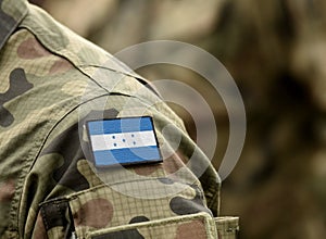 Flag of Honduras on military uniform. Army, troops, soldier collage