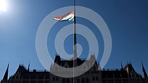 Flag of Hungary Waving in the wind, Parliament Background,