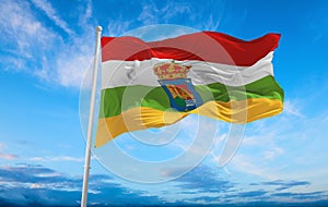 flag of Ibero-Romance peoples Riojanos at cloudy sky background, panoramic view. flag representing ethnic group or culture,