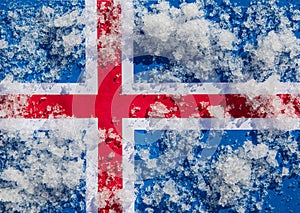 The flag of Iceland is covered with ice cubes.