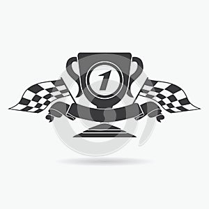 Flag icon. Checkered or racing flags first place prize cup and finish ribbon. Sport auto, speed and success, competition and winne