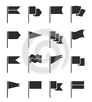 Flag icons. Pennant with flagpole, black silhouette destination banners. Gps location pin map markers, start and finish