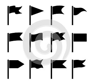 Flag icons. Shapes for pennants and wavings. Flagpole location on map. Set of poles with banners. Black start and finish symbols.