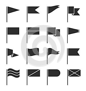 Flag icons. Waving pennant, black silhouette flags banners. Gps location pin map elements, event start ui signs vector