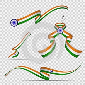 Flag of India. 15th of August. Blue Ashoka wheel. Chakra. Set of realistic wavy ribbons in colors of indian flag on