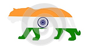 Flag of India over tiger vector silhouette illustration isolated on white background. Big wild cat. Indian Bengal tiger. National