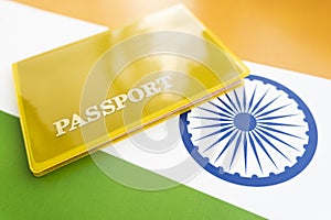 Flag of India with passport. Travel visa and citizenship concept. residence permit in the country. a yellow document