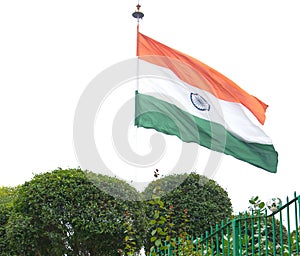 Flag of India or Tiranga made of khadi, mast waving in the wind