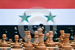 Flag of Iran on the background of a chessboard with pieces