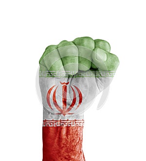 Flag of Iran painted on human fist like victory symbol