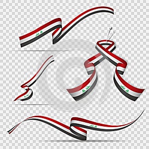 Flag of Iraq. 3rd of October. Set of realistic wavy ribbons in colors of iraqi flag on transparent background. Allahu