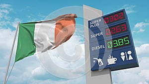 Flag of Ireland and gas station sign board with rising fuel prices. Conceptual 3D animation