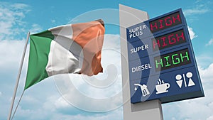 Flag of Ireland and gas station sign board with rising fuel prices. Conceptual 3D rendering