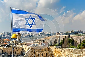 flag of israel with jerusalem in the background
