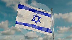 Flag of Israel, looped and seamless. Fabric texture, realistic wind, bottom view.