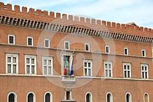 Flag of Italy and Europe on the balcony of Piazza Venezia in Rom