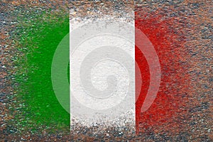 Flag of Italy. Flag painted on rusty surface. Rusty background. Copy space. Textured background