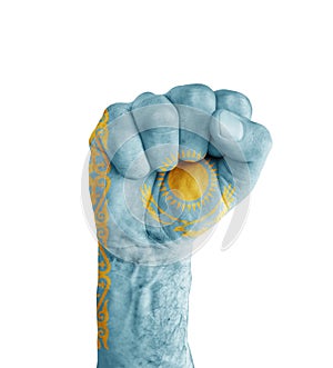 Flag of Kazakhstan painted on human fist like victory symbol