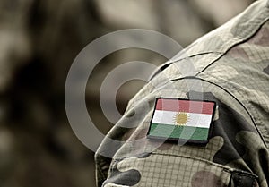 Flag of Kurdistan on military uniform. Army, troops, soldier collage photo