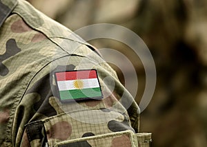 Flag of Kurdistan on military uniform. Army, troops, soldier collage photo