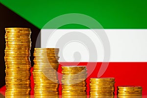 Flag of Kuwait with stacks of golden coins forming downcomming progression