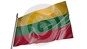 Flag of Lithuania on a flagpole. Animation 3D on a white background