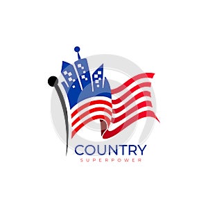 Flag logo with city building mix, country icons