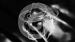 flag in loop of white silhouette of gangster dog with fedora hat on black background