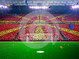 Flag Macedonia of fans. Evening stadium arena Blue