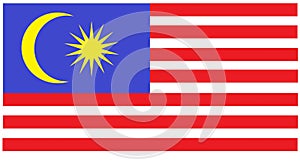 The flag of Malaysia with red horizontal stripes yellow crescent moon fourteen pointed star against a partial blue backdrop