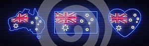 Flag and map of Australia is a collection of neon signs. Vector Illustrations, Neon Banner, Luminous Billboard, Bright