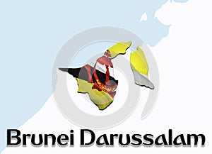 Flag Map of Brunei. 3D rendering Brunei map and flag on Asia map. The national symbol of Brunei. Bandar Seri Begawan flag map