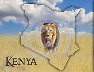 Flag Map of Kenya on which is a picture of a lion. There is the text of Kenya. There is It is national african background. There
