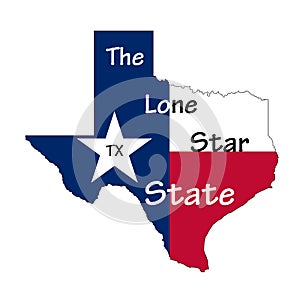 Flag map of Texas state, with `The Lone Star State` text