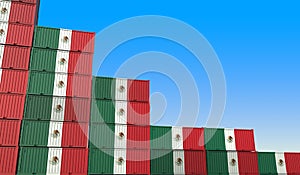 Flag of Mexico on containers forming declining trend of graph. National crisis or meltdown related conceptual 3D