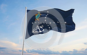 flag of Ministro da Marinha do Brasil 1917 , Brazil at cloudy sky background on sunset, panoramic view. Brazilian travel and photo
