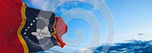 flag of Mississippi at cloudy sky background on sunset. Patriotic concept about state. 3d illustration